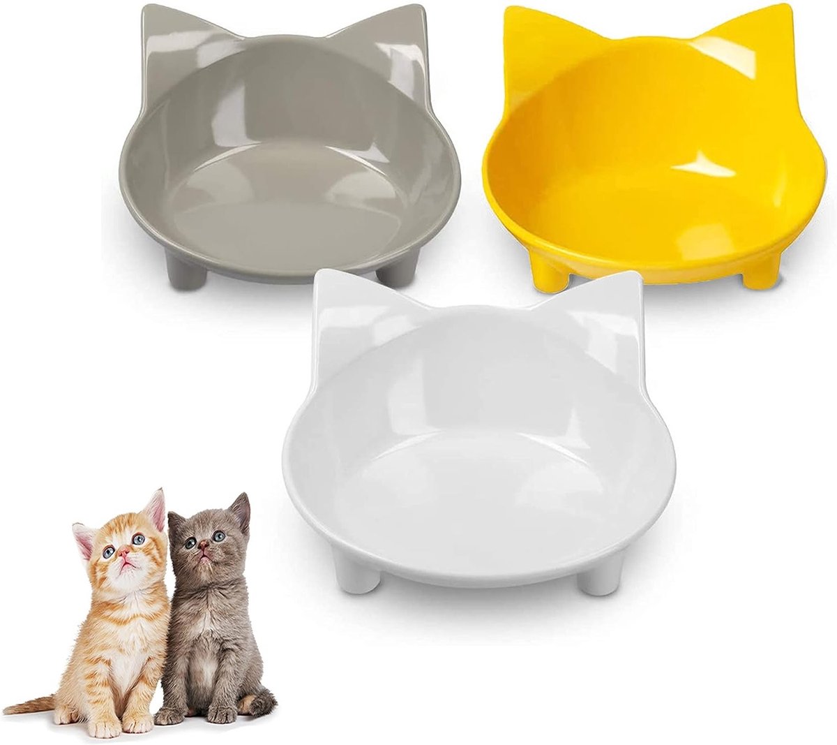 Multifunctionele Antislip Kattenbakken, Set van 3, Vermindert Snorharen Vermoeidheid, Ideaal voor Voeding en Water, Grijs, Wit en Geel