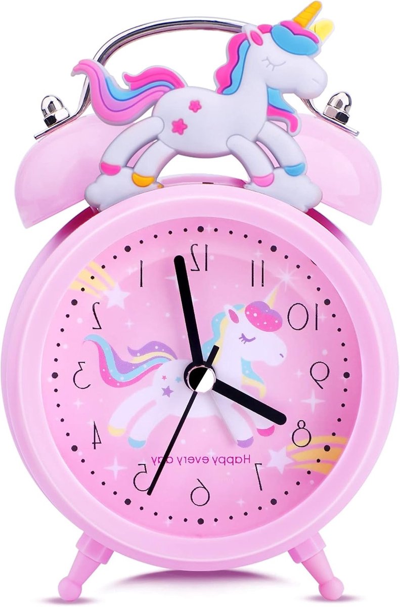 Schattige Eenhoorn Wekkerradio voor Meisjes, Stille Bedklok met Nachtlampje en Dubbele Bel, Perfect Cadeau voor School en Slaapkamer Decor
