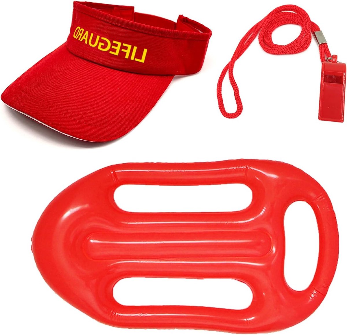 Baywatch Lifeguard Kostuum Set van 3 - Inclusief Verstelbare Opblaasbare Redders, Fluit met Lanyard en Halloween Accessoires in Rood voor Feestjes en Thema-avonden