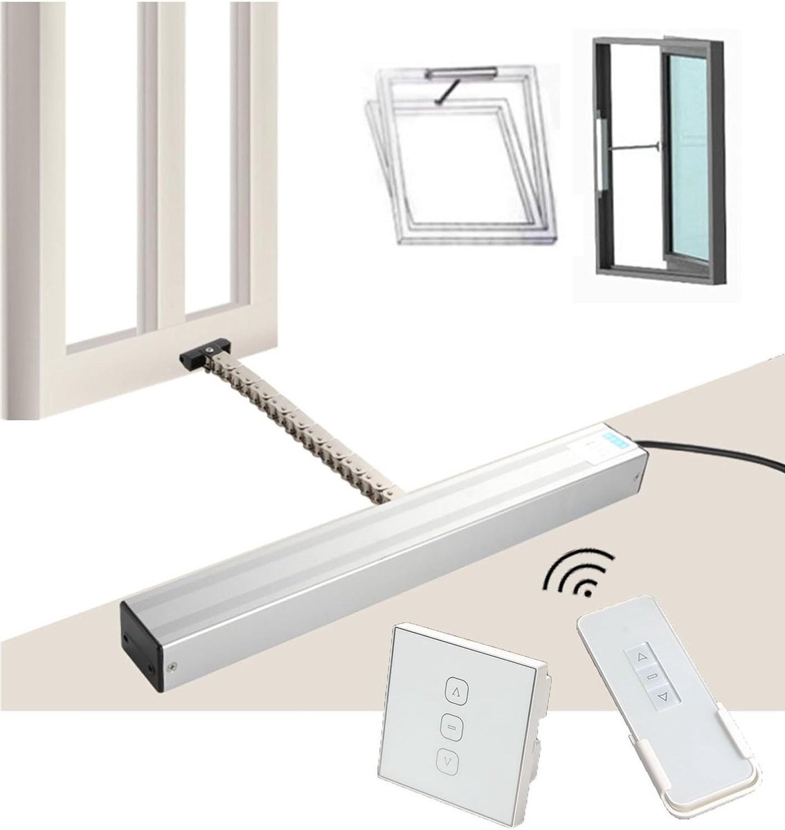 Elektrische Raamopener - Kettingopener Dakraam - Automatische Ventilatie - Dubbellaags Metalen Ketting - 300-800 mm Slag - Zilver