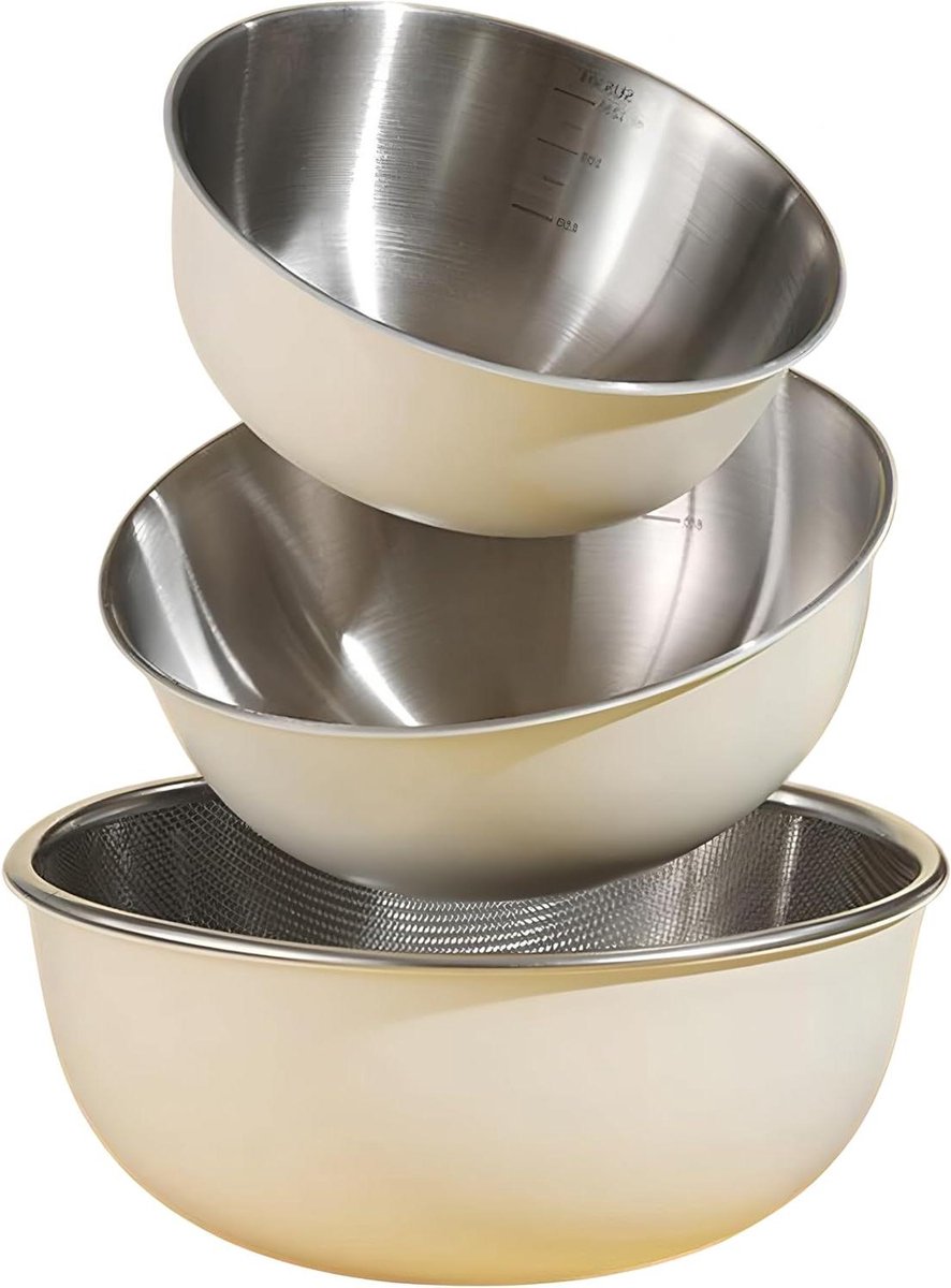 RVS Mengkommen Set - Keukenbakken - Ingrediënten Mengen - Antislip Buitenkant - 3 stuks - Wit