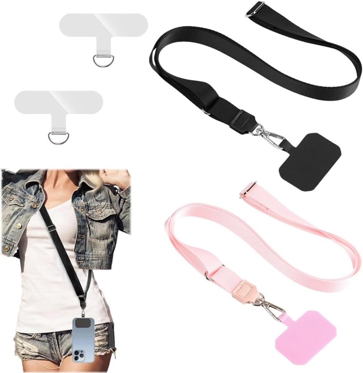 Verstelbare telefoon lanyards met bijpassende bevestigingstabletten en transparante T-vormige tabs voor crossbody en nek, bescherming tegen diefstal en gebruiksgemak
