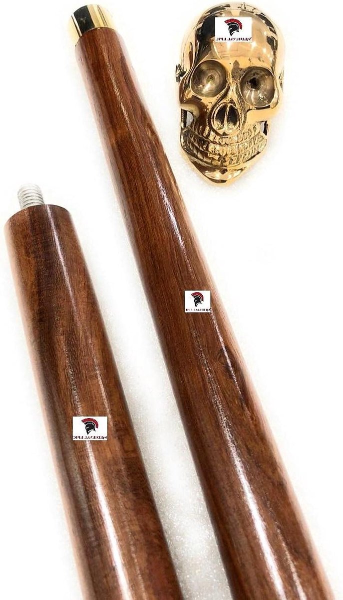 Wandelstok Schedel - Houten Stok Decoratief - Stijlvolle Wandeling - Massief Messing Handvat - 91 cm Lengte - Bruin
