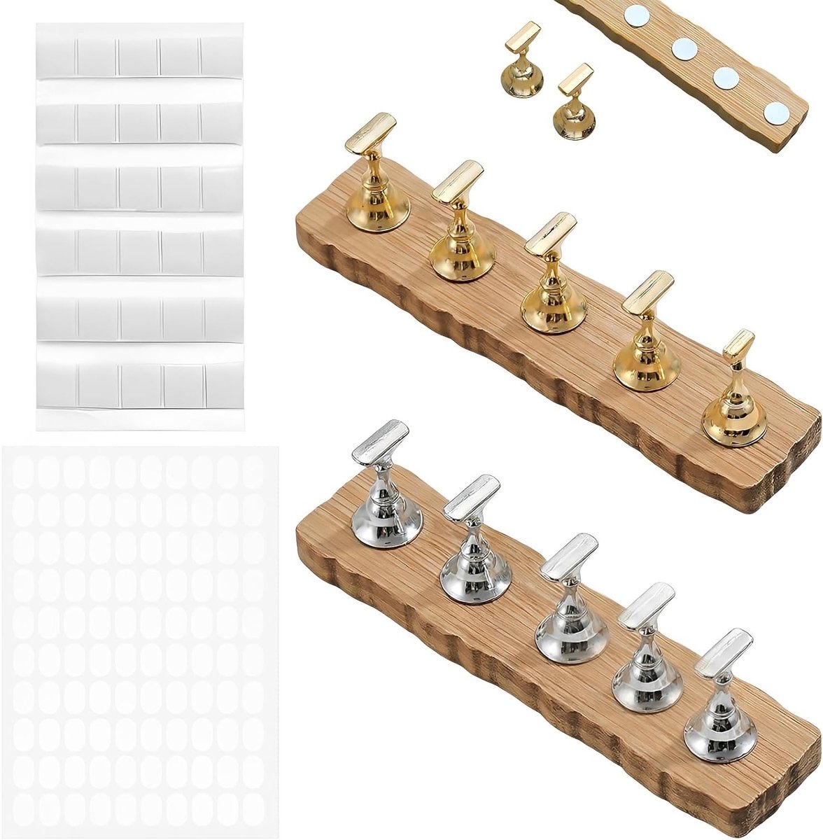 Professionele nagelstand met gouden en zilveren basis, inclusief 30 stuks witte lijm en dubbelzijdige tape voor nagelkunst en manicure oefening