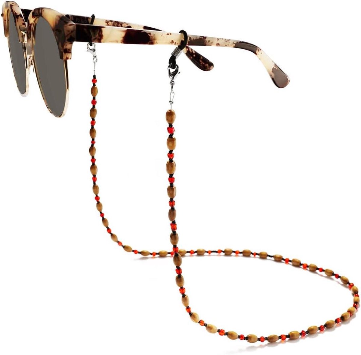 Brillenketting Hout - Leesbrilkoord - Veilig Dragen - Vintage Kralen - 72 cm - Rood