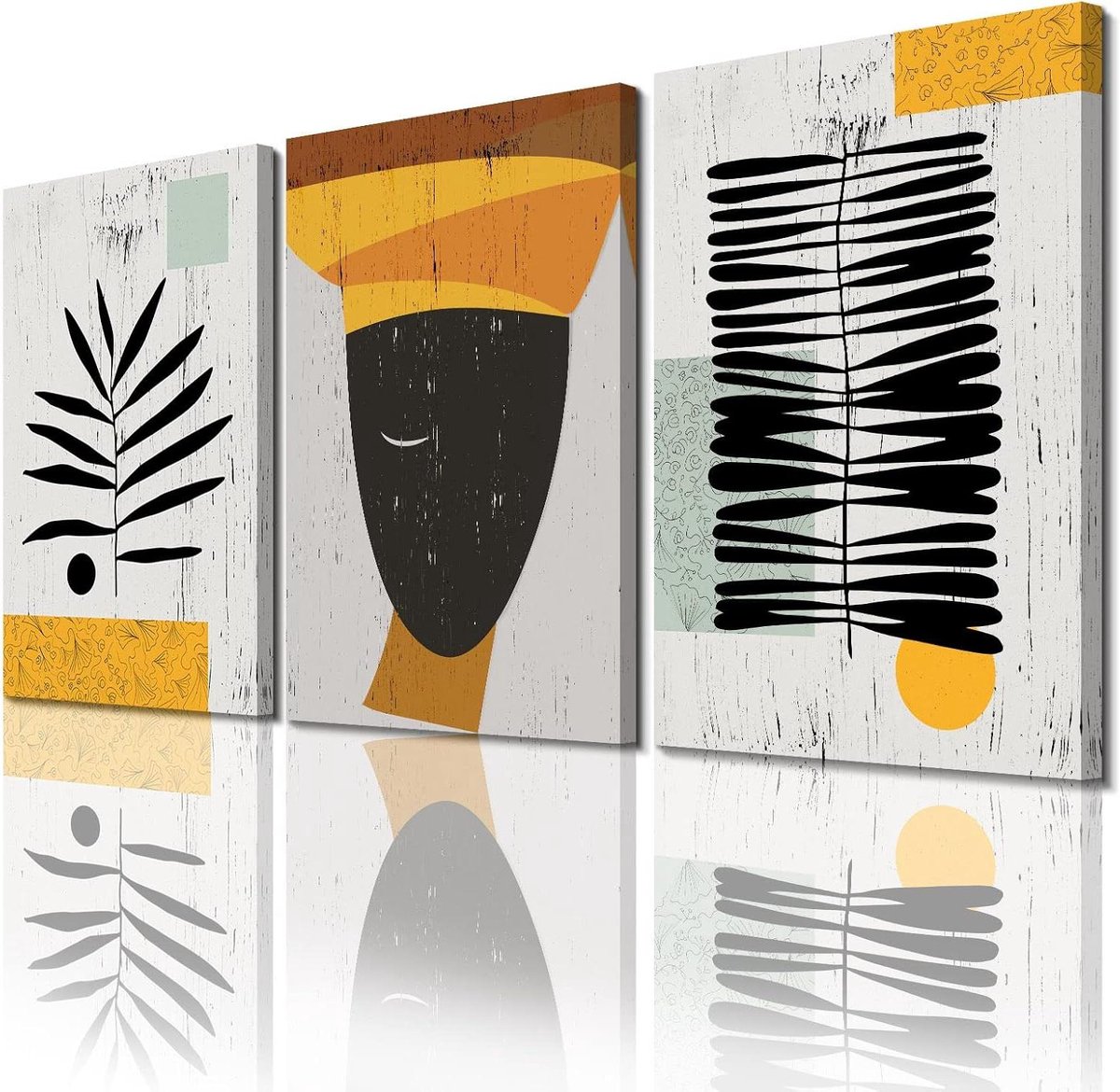 Canvas Muurkunst Set - Abstract Etnisch - Woonkamer Decoratie - Afrikaanse Vrouw Portret - 3 stuks 50x75cm - Zwart Oranje
