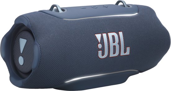 Blauwe JBL Xtreme 5 speaker met sfeerverlichting en rode JBL logo.