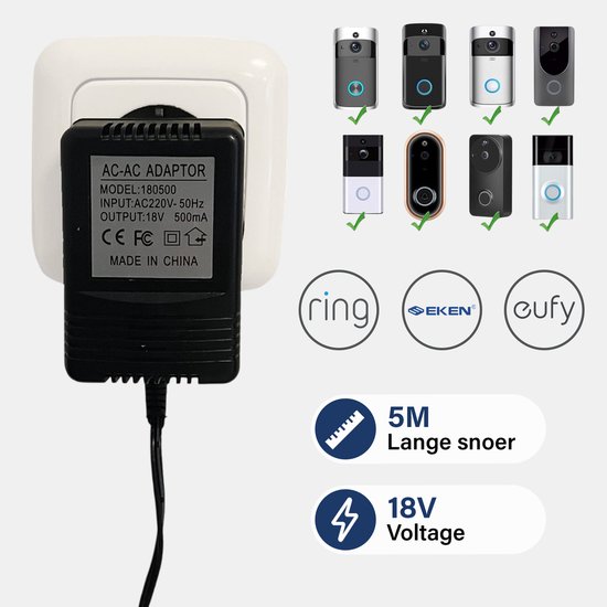 18V Voedingsadapter voor Videodeurbel met 5m Kabel – Universeel voor Ring, Eufy, Nest, EKEN Stopcontact