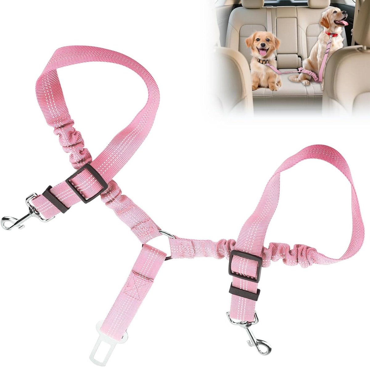 Honden autogordel - Dubbele hondenriem - Veilig reizen met hond - 360 graden anti-klit - Verstelbaar tot 119cm - Roze