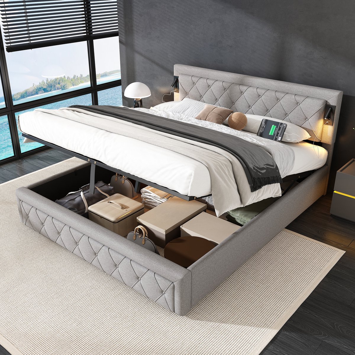 MODFU Gestoffeerd Opbergbed – Linnen grijs – Met LED, USB & hydraulische opbergruimte – Ruitpatroon