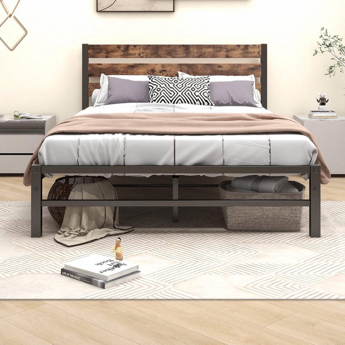 Metal Bed Frame Double - Zwart - Rustiek Bruin