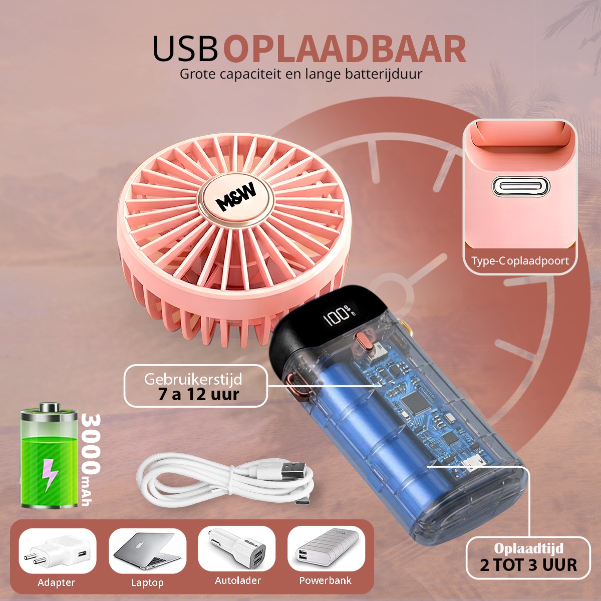 M&W Draagbare Elektrische Hand Ventilator - Mini Hand Fan - Airco Verkoeling - USB Oplaadbare Ventilatoren - Handventilator Roze — afbeelding 5