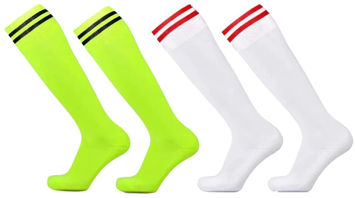 Store_8 - Gestreepte sokken - Atletische sokken - Comfortabel en ademend - Fluorescent groen - Voetbalsokken - 2 paar - Geschikt voor sporters - Kn...