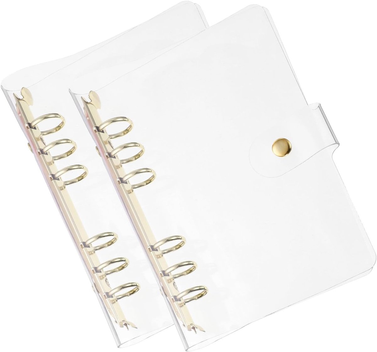 Pack of 2 A6 Transparante Map Cover - 6 Ronde Ringen - Zachte PVC Bescherming - Navulbaar met Drukknop Sluiting - Voor DIY Notitieboek - Vergaderingen - Gouden Ring