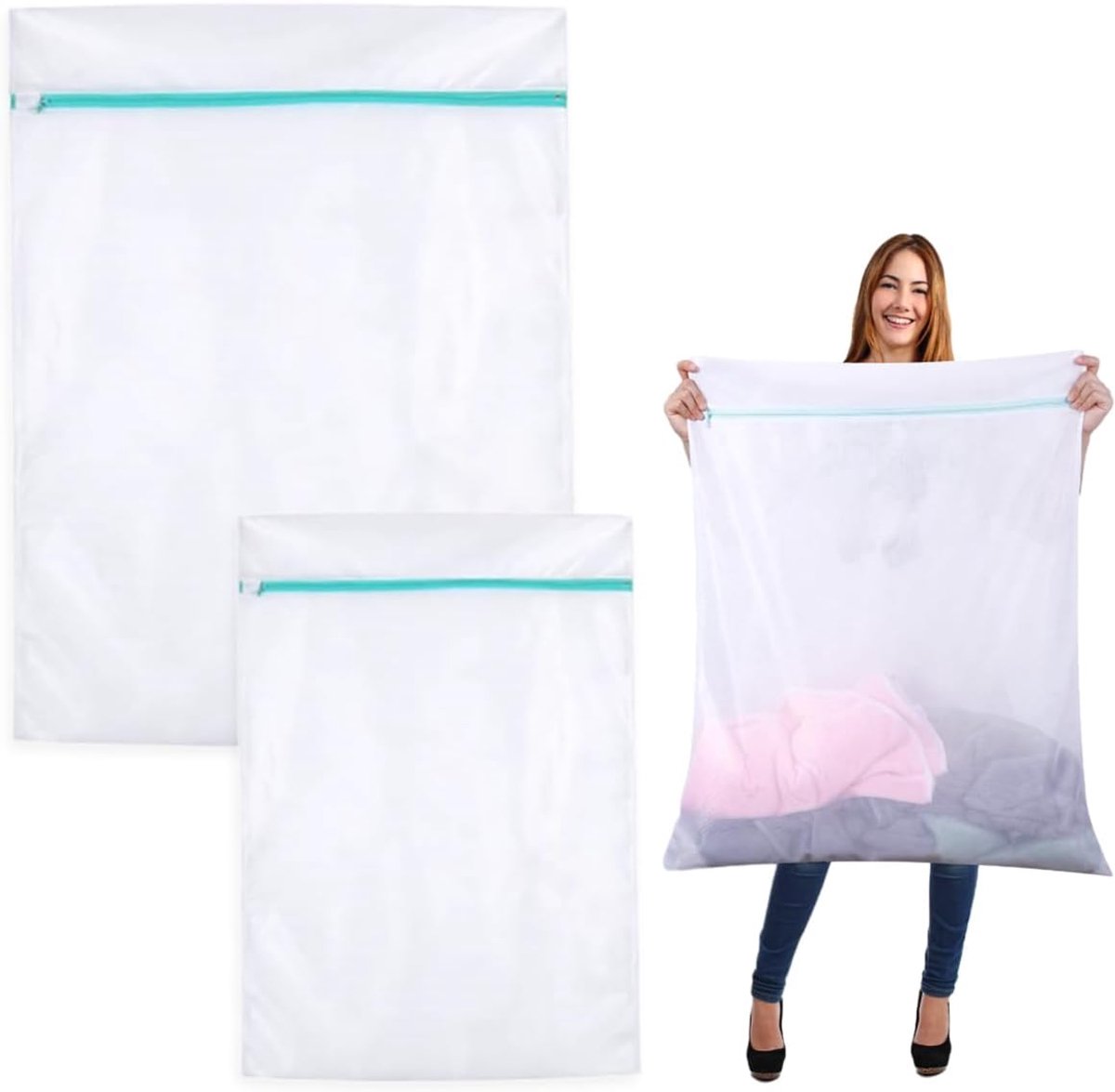 2 Stuks Wasnet voor Wasmachine - 60 x 80 cm + 90 x 110 cm Waszakken in Fijngaas Polyester - Waszak voor Dekens, Jassen, Gordijnen, Lakens en Knuffels met Verborgen Rits