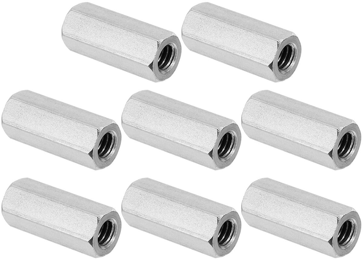 1/4"-20 UNC 304 RVS Hex Socket Moeren - 8 stuks - 1" Lengte - Studding Verbindingselementen - Bevestigingsonderdelen - Zilverkleurig
