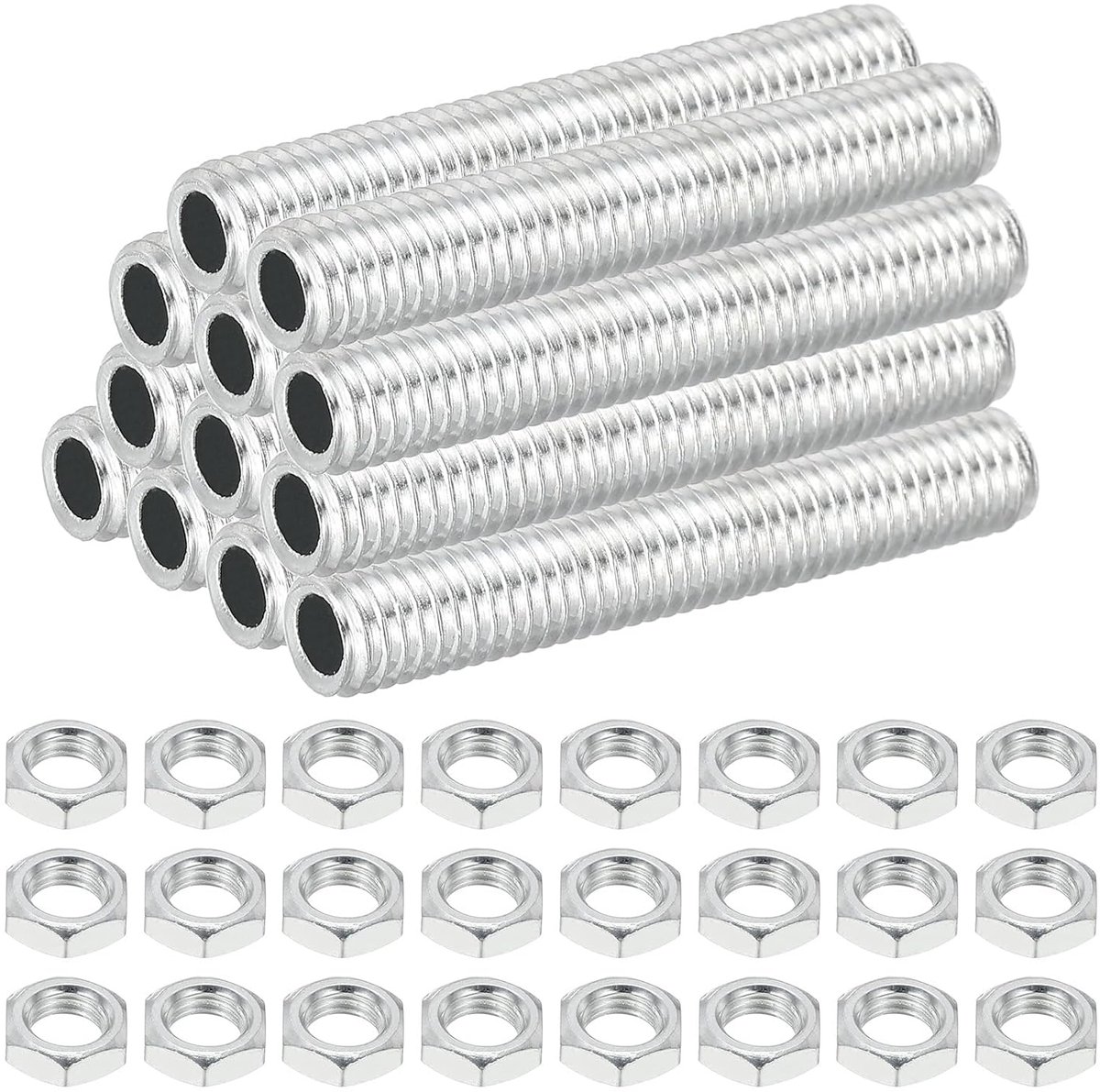 Carbon Steel Fine Thread Lamp Tube M8 met Moer - 12 Sets 50mm Fittingen voor Draadadapterbuizen - Kabel voor Lampen en Plafondverlichting - Witte Gegalvaniseerde Afwerking