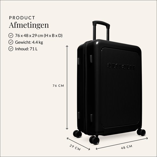 Zwarte koffer met afmetingen aangegeven in centimeters: 76x48x29 cm.