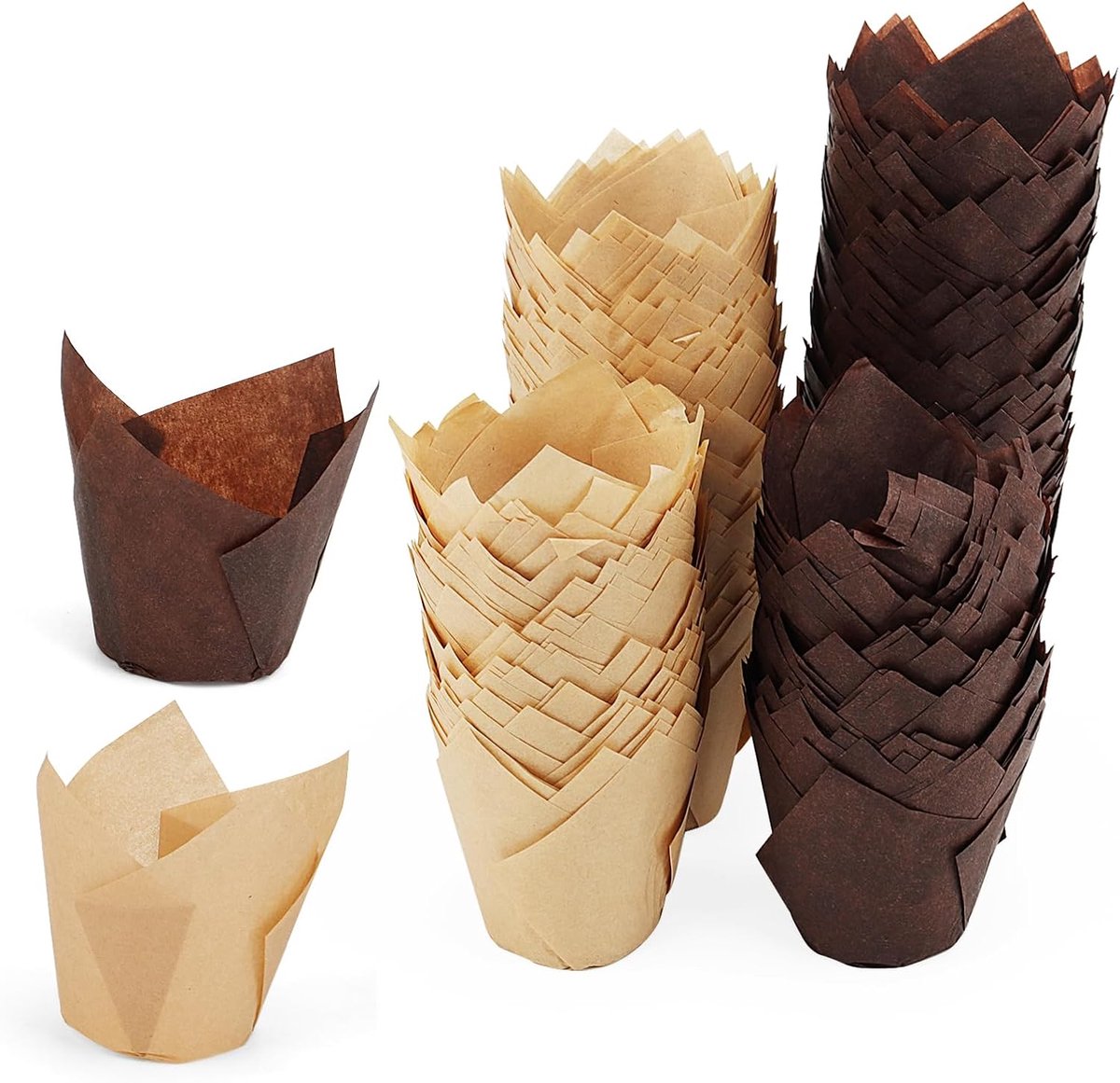 400pcs Bruine en Koffie Tulip Bakpapieren Cups - Muffin Cupcake Liners - Tulip Muffin Wrap Covers voor Trouwen en Verjaardagen