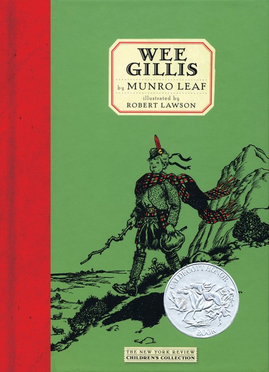 Boek 'Wee Gillis' met een groene kaft en een rode rug. Een Schotse jongen in kilt en met een wapen te voet, met op de achtergrond bergen.