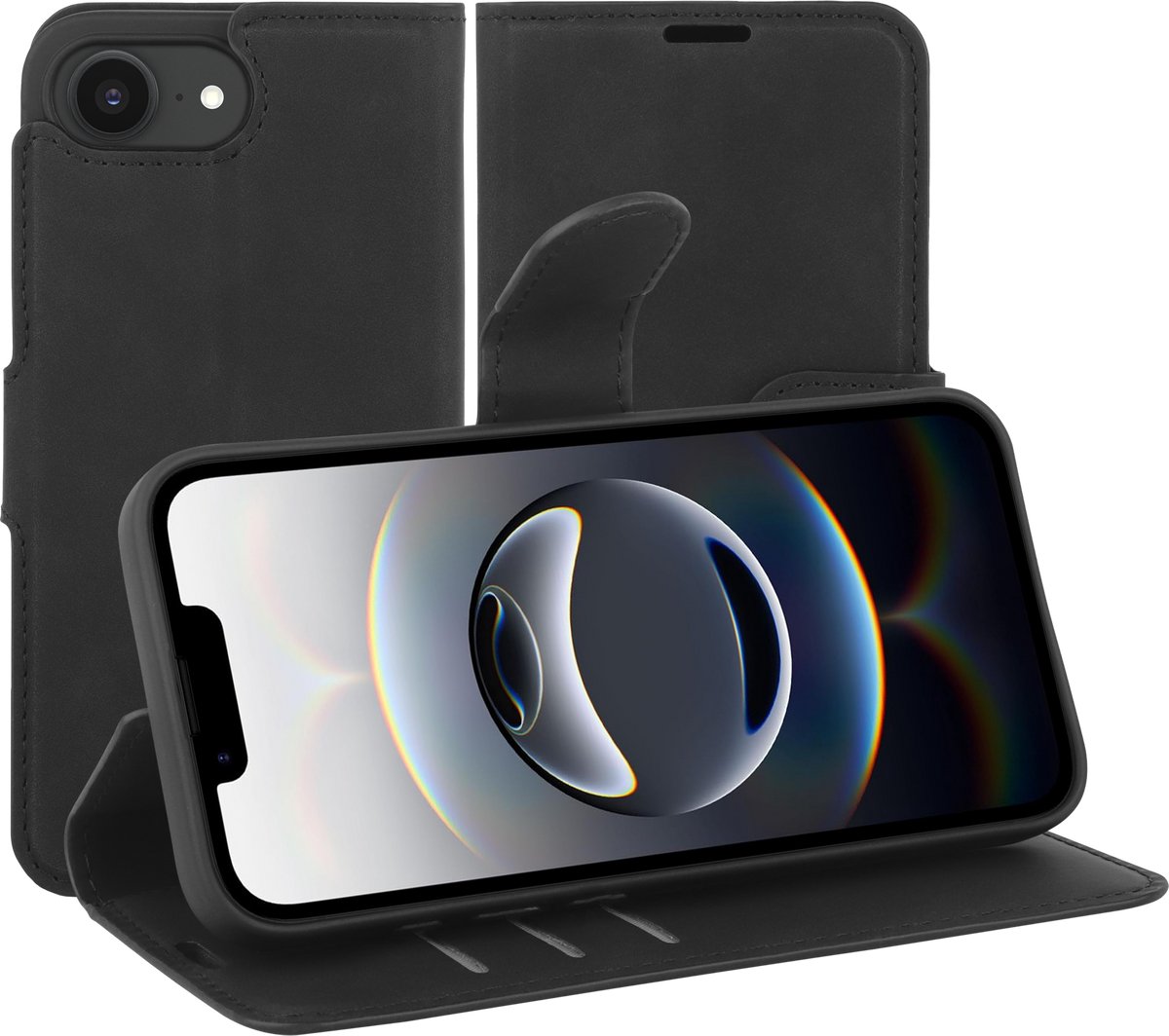 Just in Case hoesje geschikt voor iPhone 17e / 16e Hoesje met Pasjeshouder - Premium Bookcase - Zwart