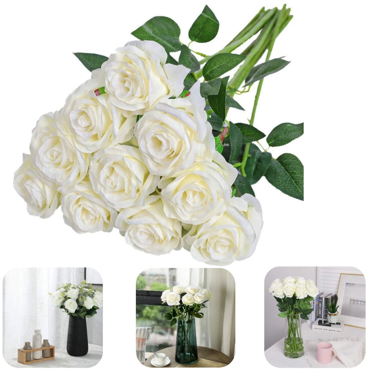 10 delige Kunstrozen - Kunstbloemen met lange steel - Tafeldecoratie - Boeketaccessoires - Kunstmatige rozen - Met bladeren - Voor tafelschikkingen, boeketten, feestdecoraties, knutselwerkjes (50*9 cm - wit)