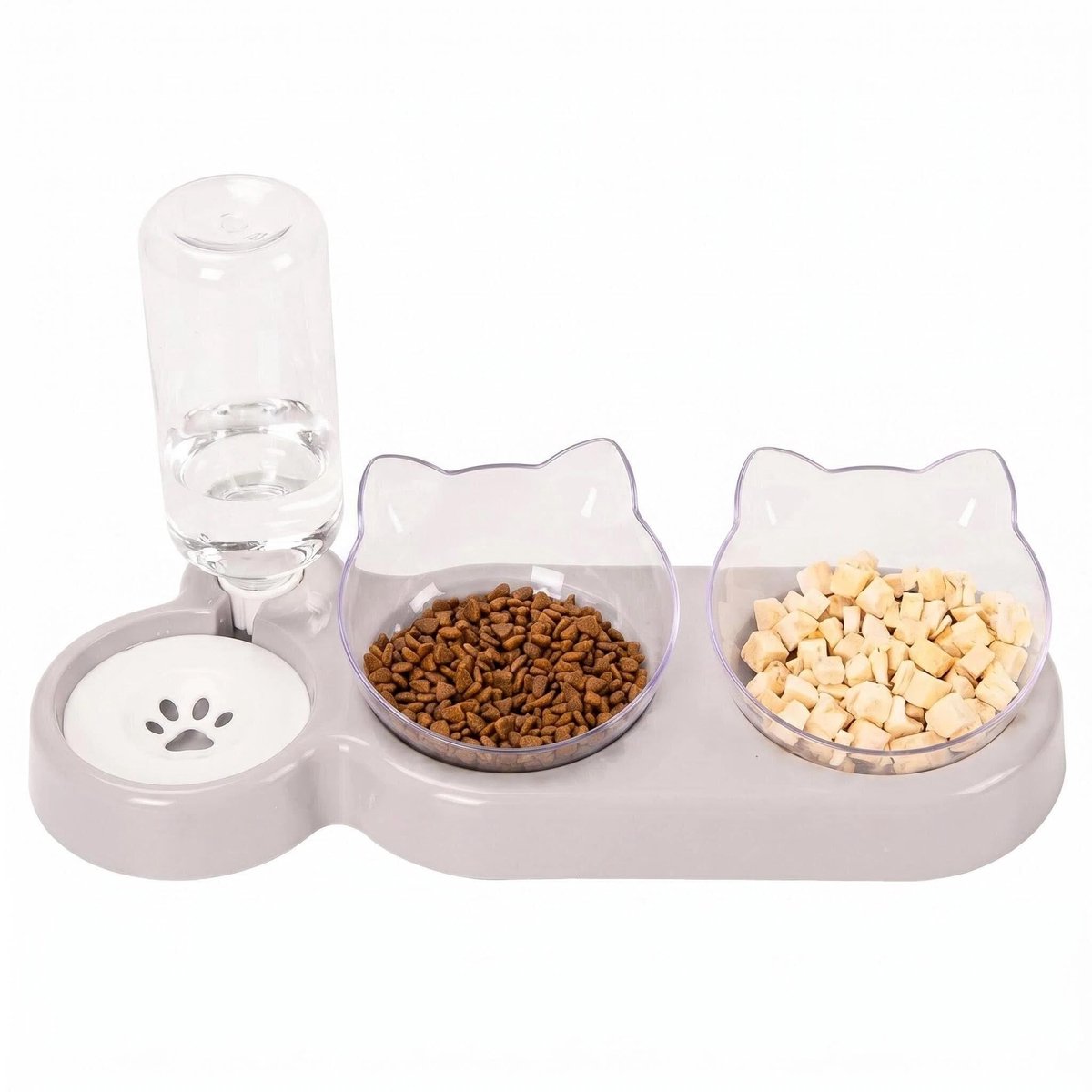 carmdering - 3-In-1 Kattevoer En Waterbakset Met Stand - Geïntegreerd Voer En Drinkstation Voor Huisdieren - Automatische Waterdispenser Met Twee Bakken - Ergonomische 15° Kanteling Voor Comfort - Zwevende Schijf Tegen Natte Baarden - 1 Set