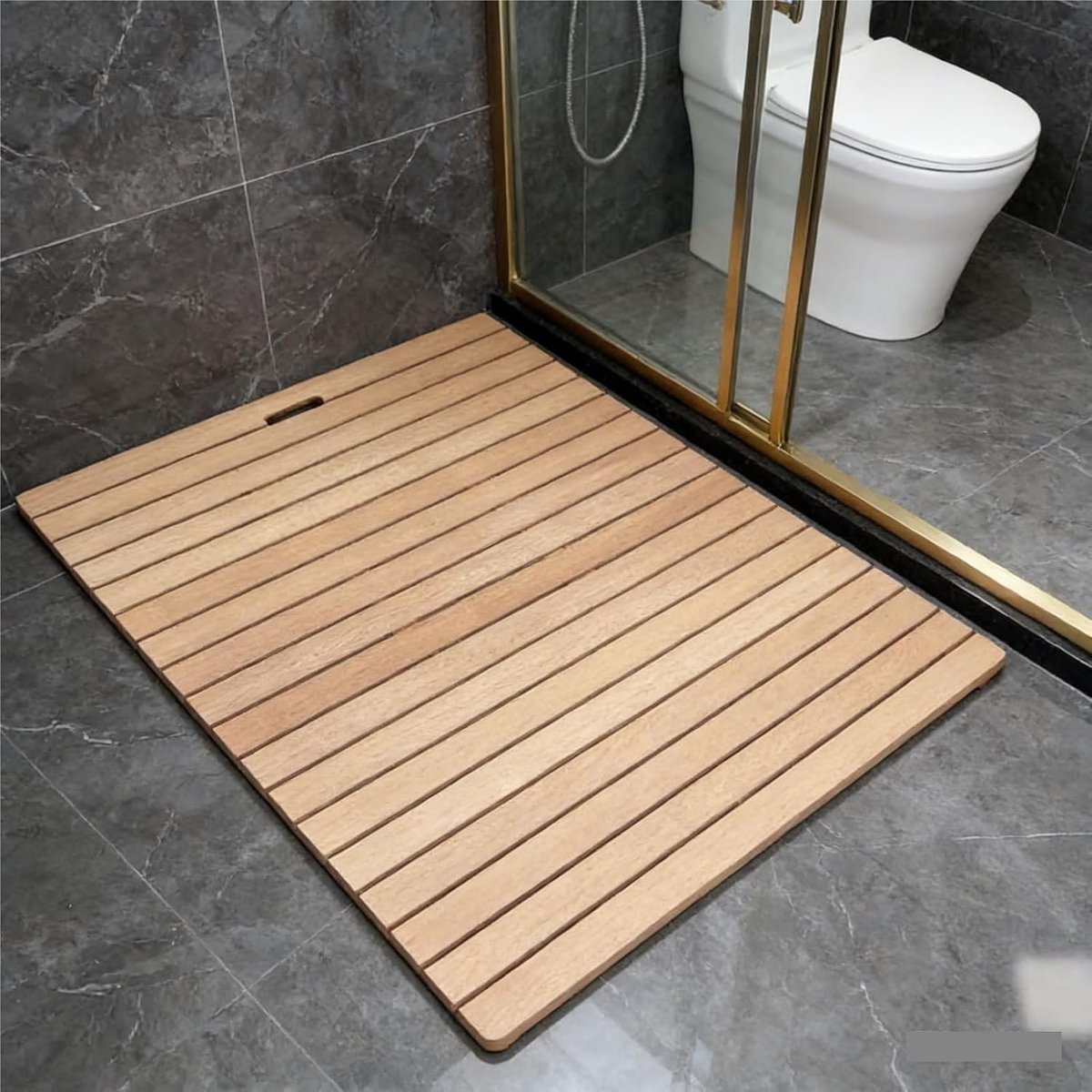 Grote houten douchemat - Badkamer vloermat - Douchen en ontspannen - Massief teakhout - 86x97cm - Houtkleur