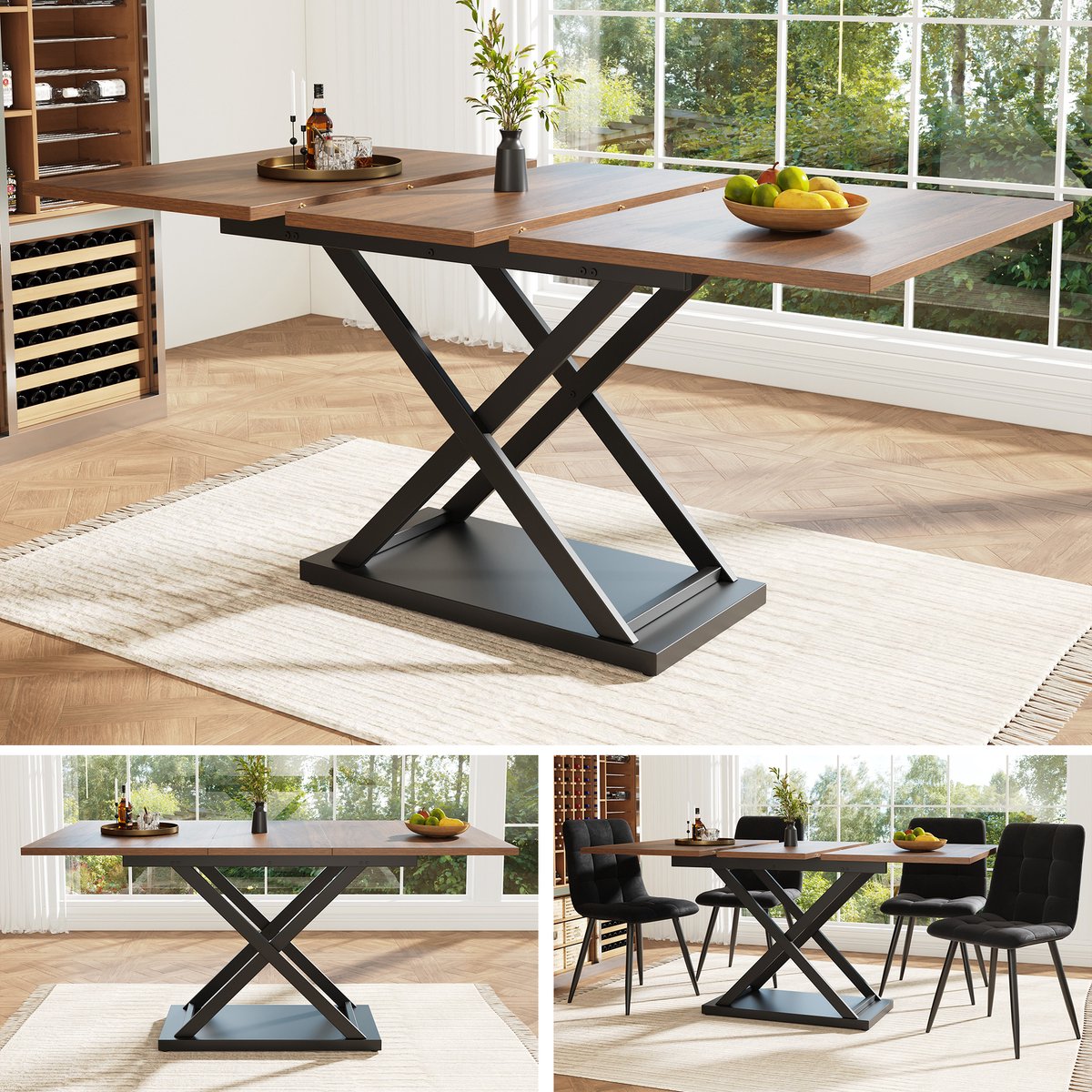 Uitschuifbare Eettafel, Telescopische Eettafel (120-160×80cm), Ruimtebesparende Keukentafel, Zwarte Gekruiste Ijzeren poten, voor Keuken en Woonkamer, Walnootkleurige Eettafel-Walnut+black