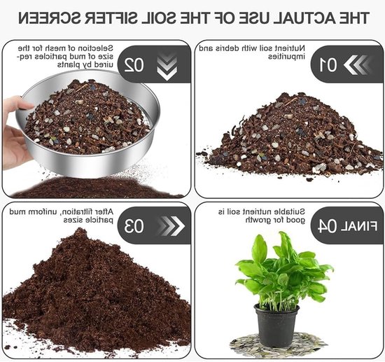 5 In 1 Tuinzeef Ø20cm - Grondzeef, Compostzeef, Zandzeef - Zeef met Verwisselbare Netten - Inclusief 5 Roosters (3,6,9,10,12 mm) en 1x Tuinschepje - Tuinzeef RVS - Multifunctionele Zeef voor Zand, Steentjes en Aarde - Handmatige Bodemzeef - Rond van Merkloos	 — afbeelding 2