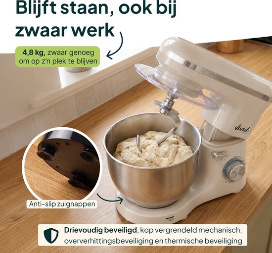 Vivid Green 2000W Keukenmixer - Geschikt voor Zwaar Deeg - 6,2L Mengkom - Keukenmachine - Keukenrobot - Crème