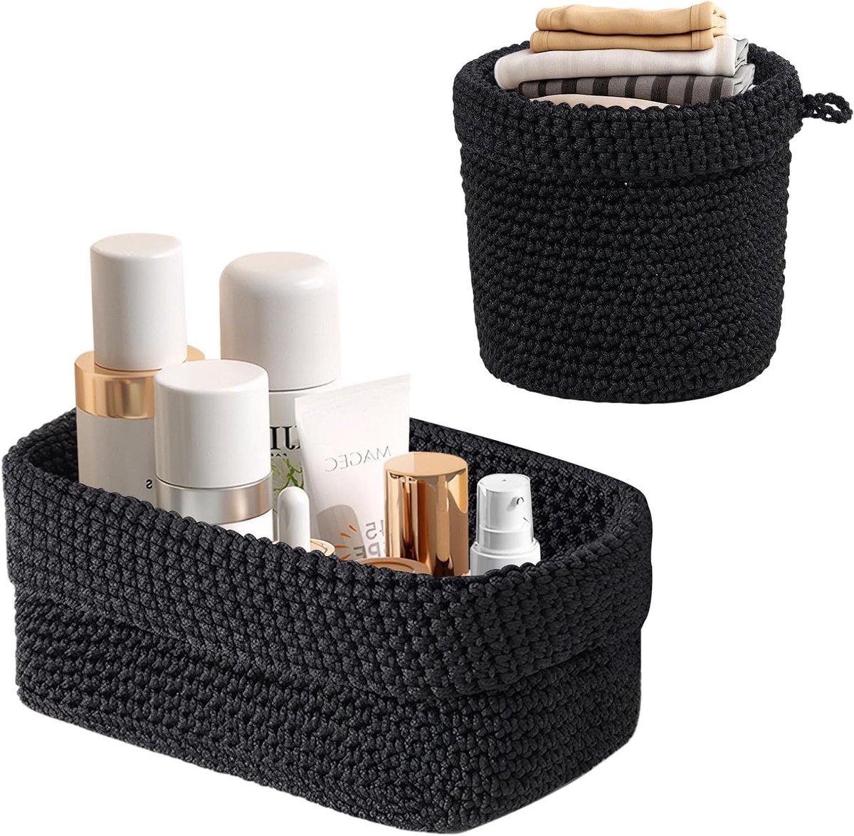 Set van 2 Gevlochten Mandjes voor Organisatie - Stapelbare Opbergmanden voor Badkamer, Woonkamer en Keuken, Decoratieve Mand voor Slaapkamer in Zwart