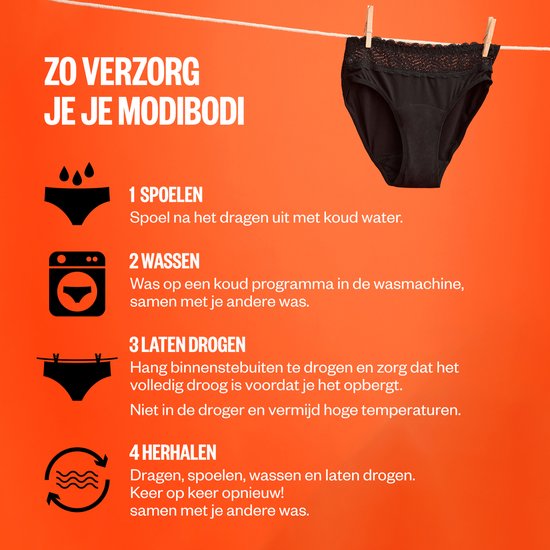 Zwarte slip die aan een waslijn hangt, met instructies voor verzorging.