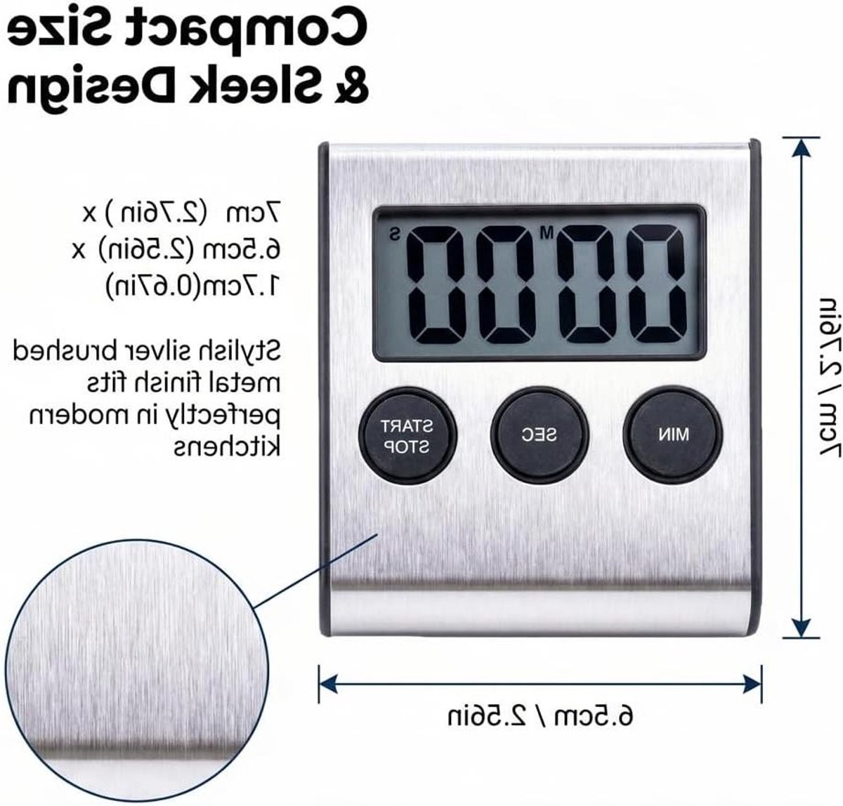 Digitale Keukentimer - Korte Wekker - Koken en Bakken - Luid Alarm - 7 x 65 cm - Zilver
