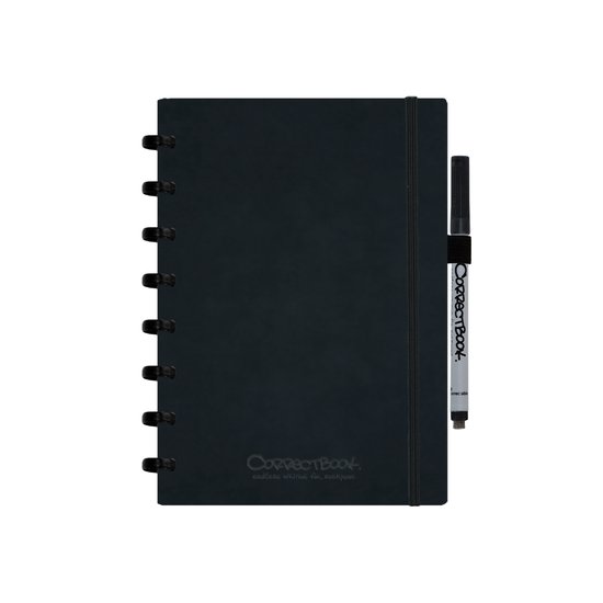 Carnet noir Correctbook avec élastique et stylo. Le texte 'endless writing for everyone' est visible.