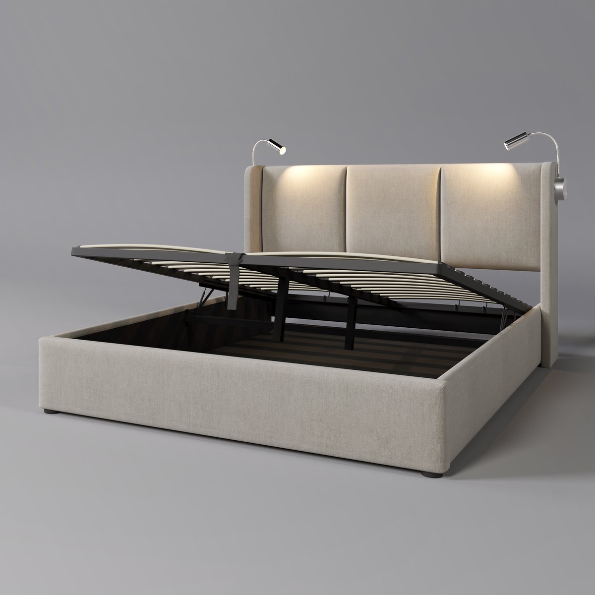 Grijs - Boxspring - 160x200cm - Leeslamp - Opbergbox