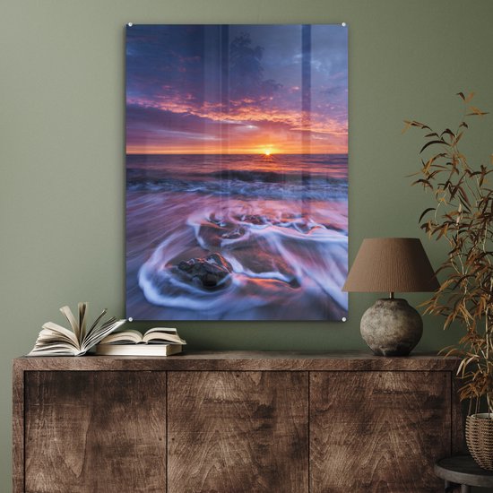 ® Glasschilderij 60x80 cm - Schilderij acrylglas - Zonsondergang bij de Noordzee bij het Engelse Nationaal park North York Moors - Foto op glas - Muurdecoratie woonkamer - Wanddecoratie slaapkamer - Schilderijen