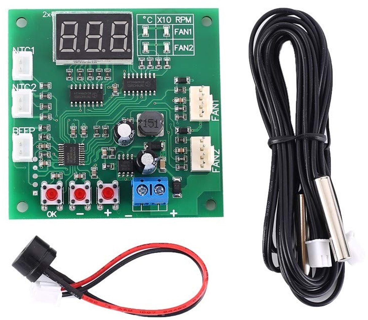 ONF3 - Driver Module - Ventilator Temperatuurregelaar - Digitaal Display - Groen - 2 Kanaals Stroombron - Geschikt voor PC Ventilator/Alarm
