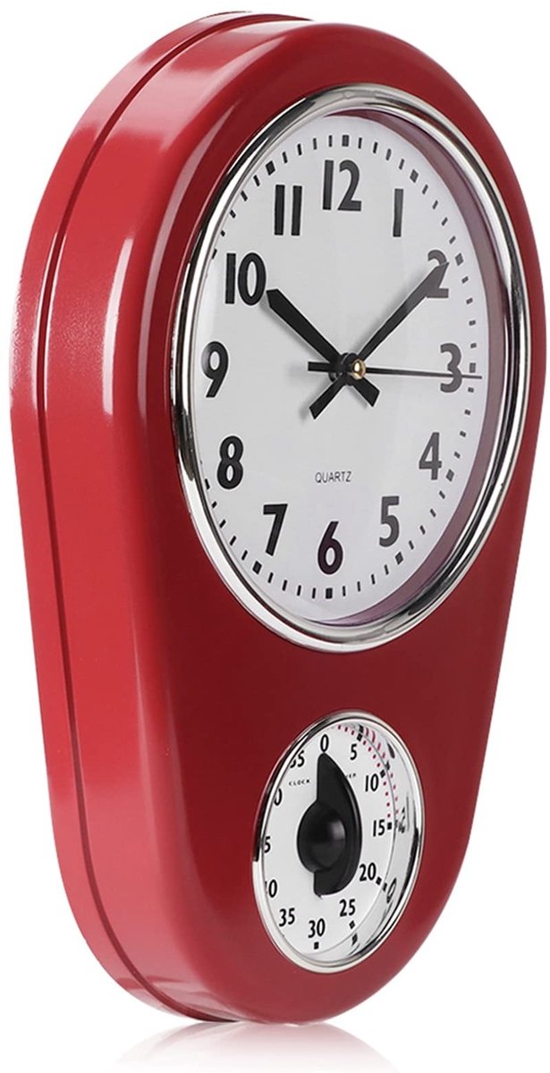 Allecto- Grote Retro Wandklok - Vintage Horloge - Realistische Bewegende Tandwielen - Rood - Moderne Metalen Klokken - Geschikt voor Keuken Decoratie - Hangende Klok - Grote Grootte - Woonkamer Thuis.