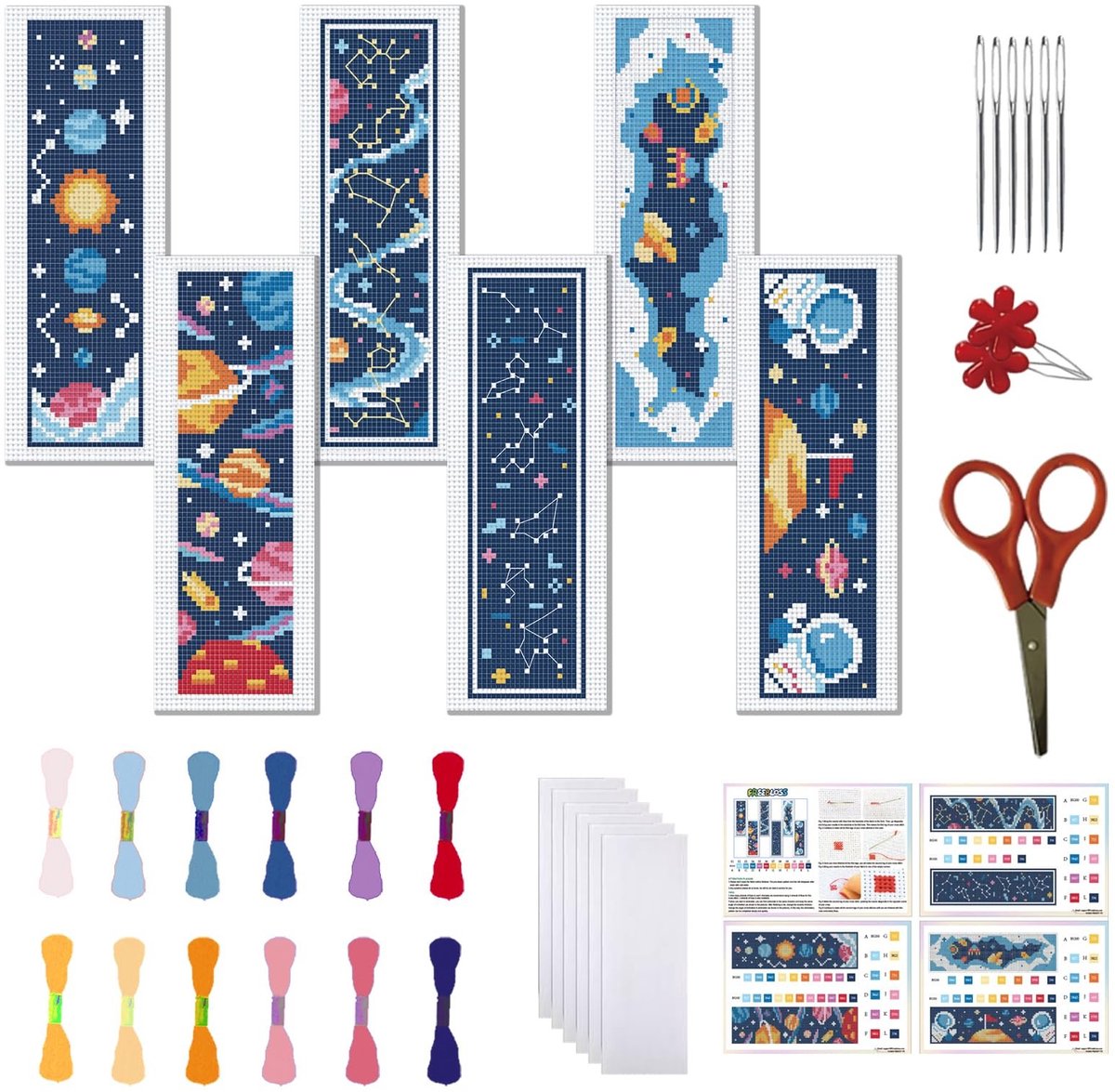 ONF3 - 6-delige Borduurset voor Boekenleggers - Creatieve Hobby - Cartoon Universum Patroon - Ideaal voor Beginners - Borduuraccessoires - Kleur...