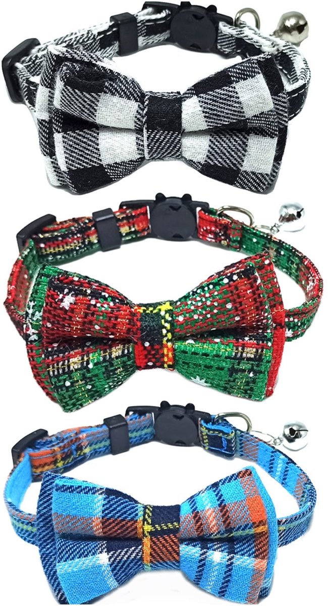 aladdien - Kersthalsband - 3-pack kattenhalsbanden - Veiligheidsgesp - Rood en groen - Zacht en comfortabel - Geschikt voor kittens - Met belletjes ..