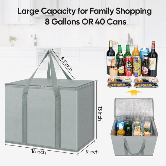 2 Stuks Geïsoleerde Boodschappentassen - Opvouwbare Koeltas voor Boodschappen - Grote Herbruikbare Koeltas met Ritssluiting - Zilvergrijs - 16''x9''x13'' — afbeelding 3