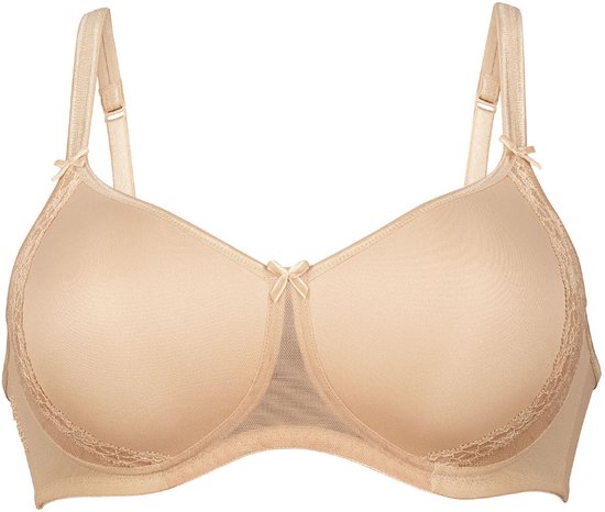 Beige beugelvrije bh met kanten randen, strikjes op de bandjes en middenvoor.