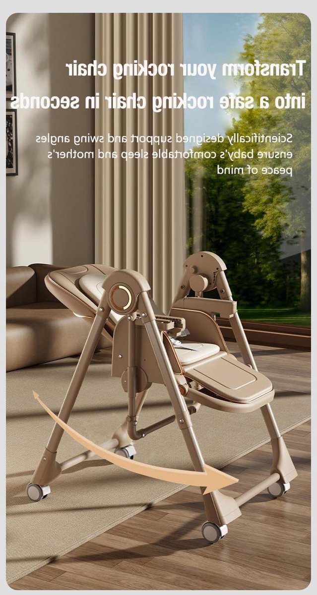 Opvouwbare kinderstoel - Eetkamerstoel baby - Veilig voeden - Schommelfunctie en wielen - 5 hoogtes - Kaki
