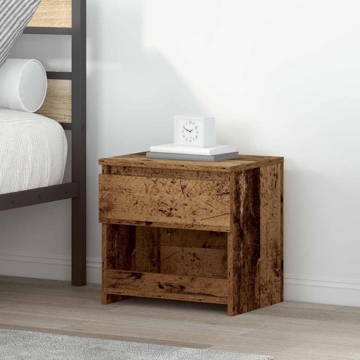 Nachtkastje - Bijzettafel nachtkastje - Opbergen slaapkamer - Bewerkt hout - 40x30x39 cm - Oud houtkleurig