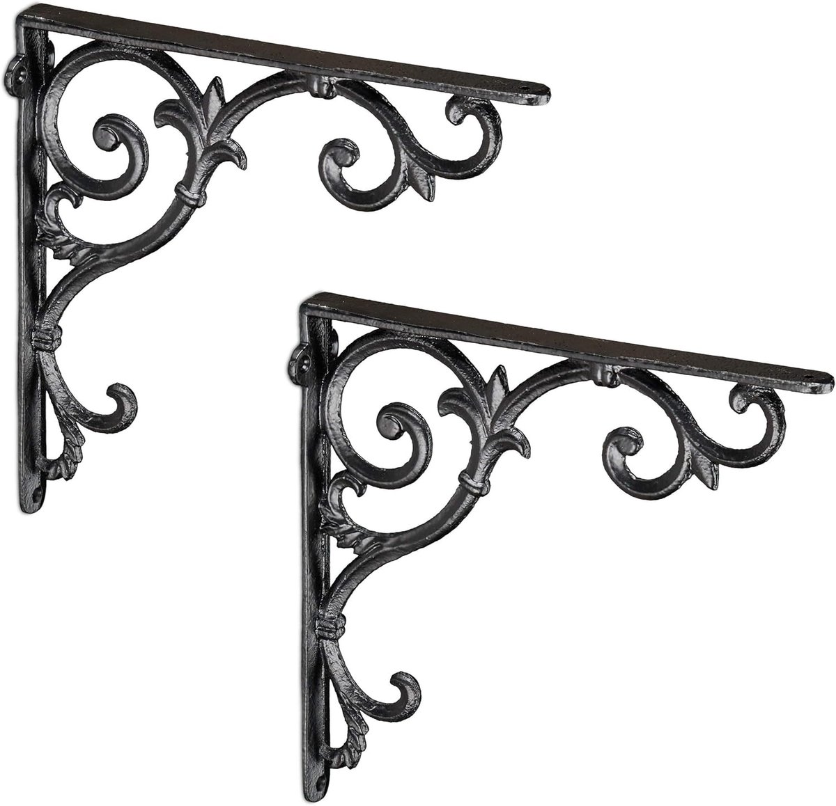 Famanu – Plankdragers set van 2 stuks in antiek zwart, gietijzeren schapdragers met vintage ornamenten voor wandplanken