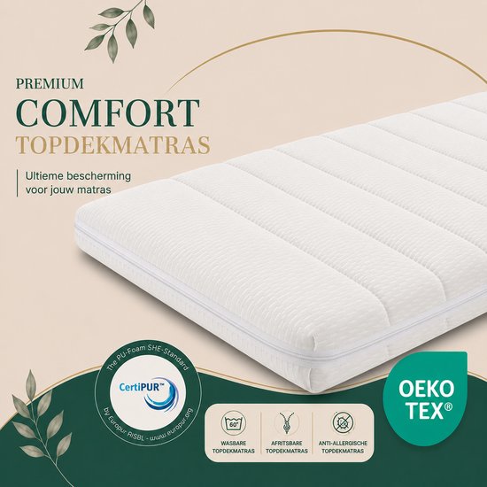 Sur-matelas blanc Easy Bedden avec motif rayé et labels.