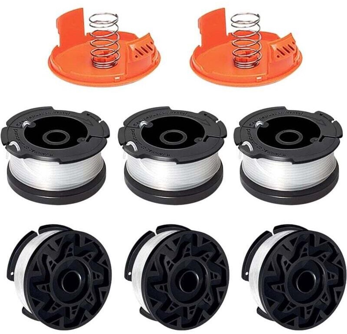 Maaispoelen (6 spoelen + 2 doppen + 2 veren) geschikt voor Black+Decker A6481 A6485 AF-100 AF-100-3ZP, ST5530-GB GLC3630L20-GB STC1820PC-GB BESTA530-GB BESTA525-GB