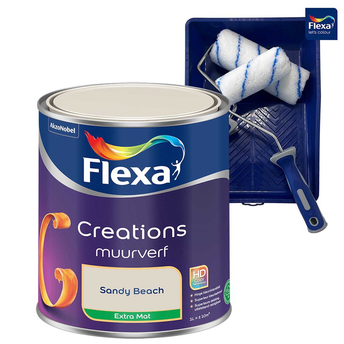 Voordeelpakket Flexa Creations - Muurverf - Extra Mat - Sandy Beach - 1 Liter + Muurverf Roller - 5 Delig