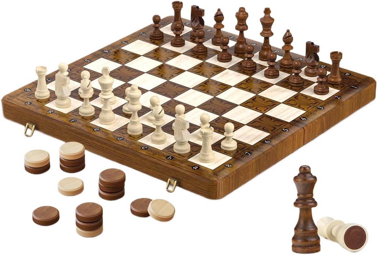 Schaakspel Bord - Dammen Spel - Strategisch Denken - Magnetisch Houten Ontwerp - 40 x 20 cm - Houtkleur